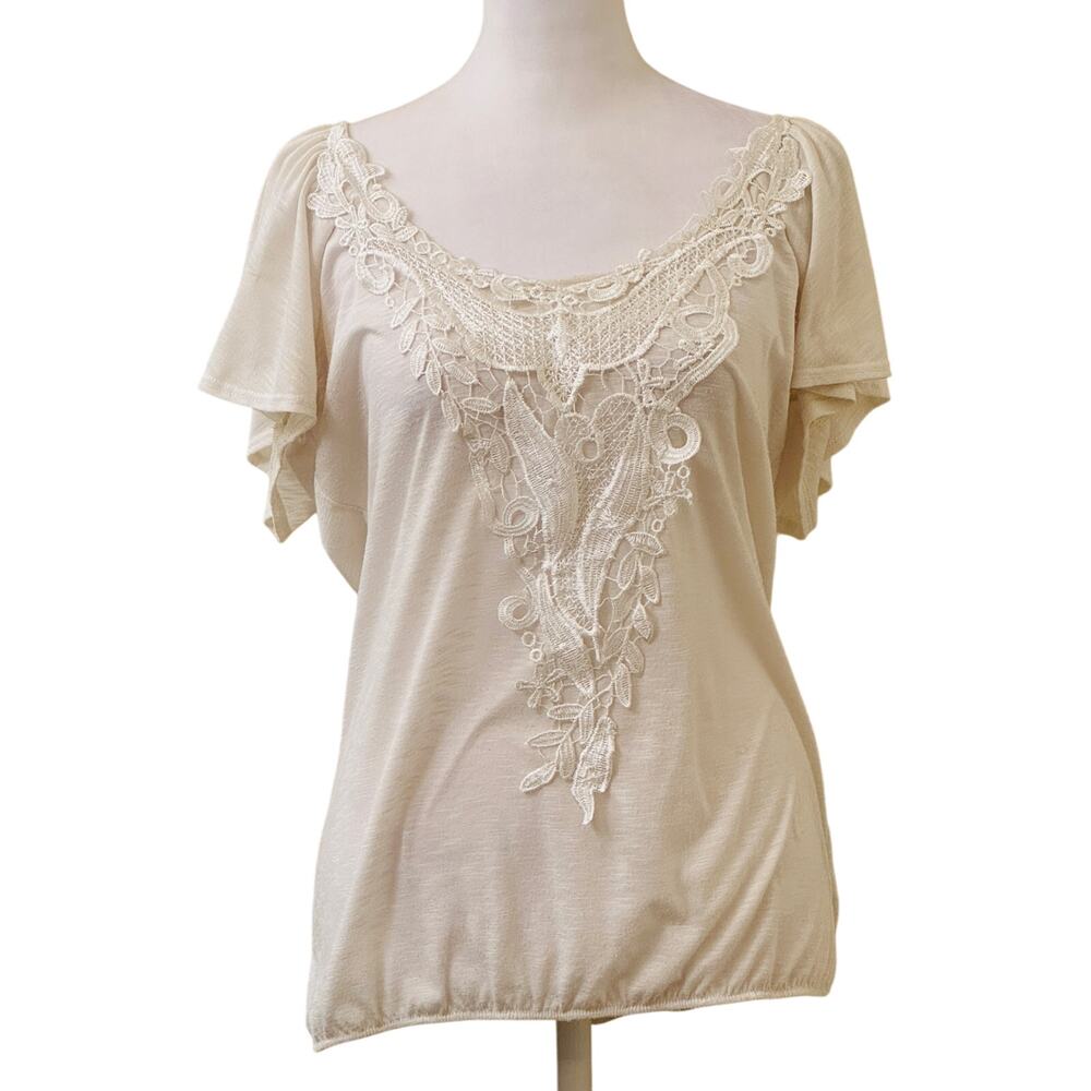 Isabella's Closet Cream Butterfly Sleeve Top Lace Detail Size Large